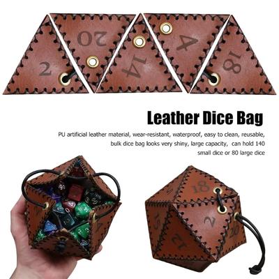 1 Piece D20 Dice Bag Polygonal Dice PU Leather Storage Boxes Reinforced Drawstring Bag for RPG Game, DND Dice Board Games