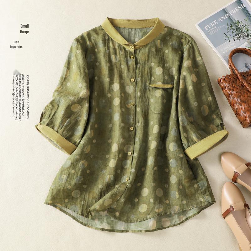 2025 Summer Korean Retro Print Plus Size Cotton Linen Short Sleeve Shirt XL
