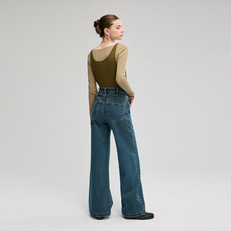 Fengxun Women's High-Waist Wide-Leg Straight Denim Pants