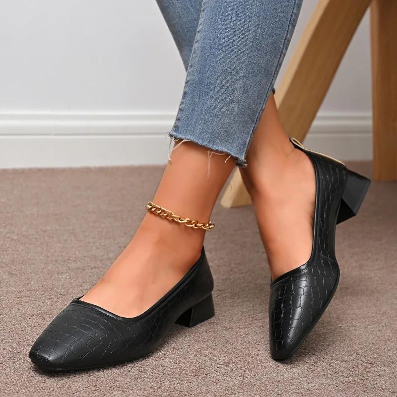 Shallow Women Low Heels Shoes 2025 New Brand Trend Elegant Square Toe Pumps Leather Mature Office Dress