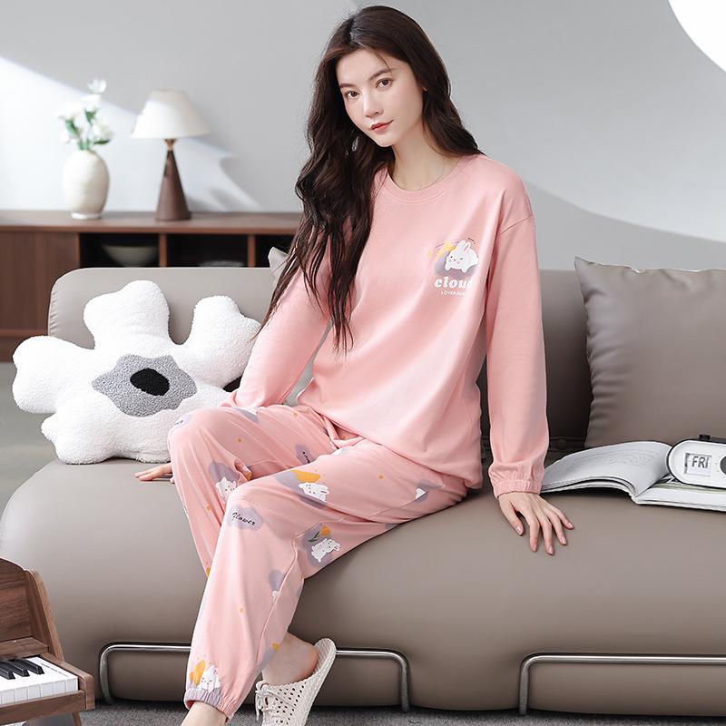 100% Cotton Women's Pajama Set – Breathable, Sweat-Absorbent, Long Sleeve Crew Neck for Indoor & Outdoor Wear (Autumn/Winter)