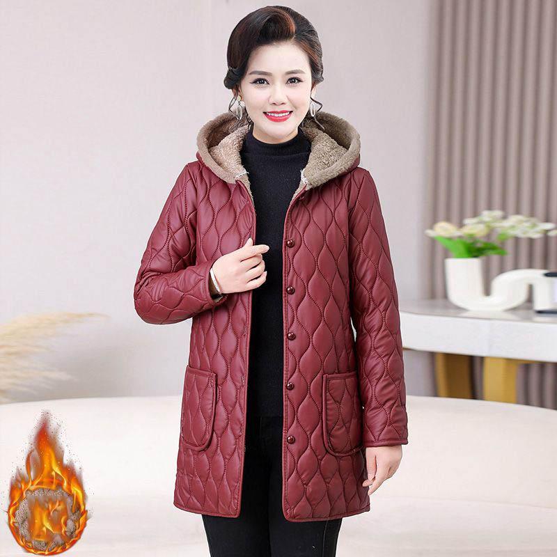 Women Middle-aged Cotton-padded Jacket with Hood and Thickened Velvet for Mid-length