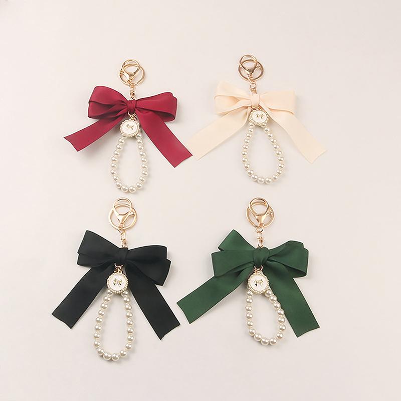 Large Bow Key Ring Pearl Keychain Car Pendant Creative Colorful Ribbon Fabric Knot Key Chain Accessories
