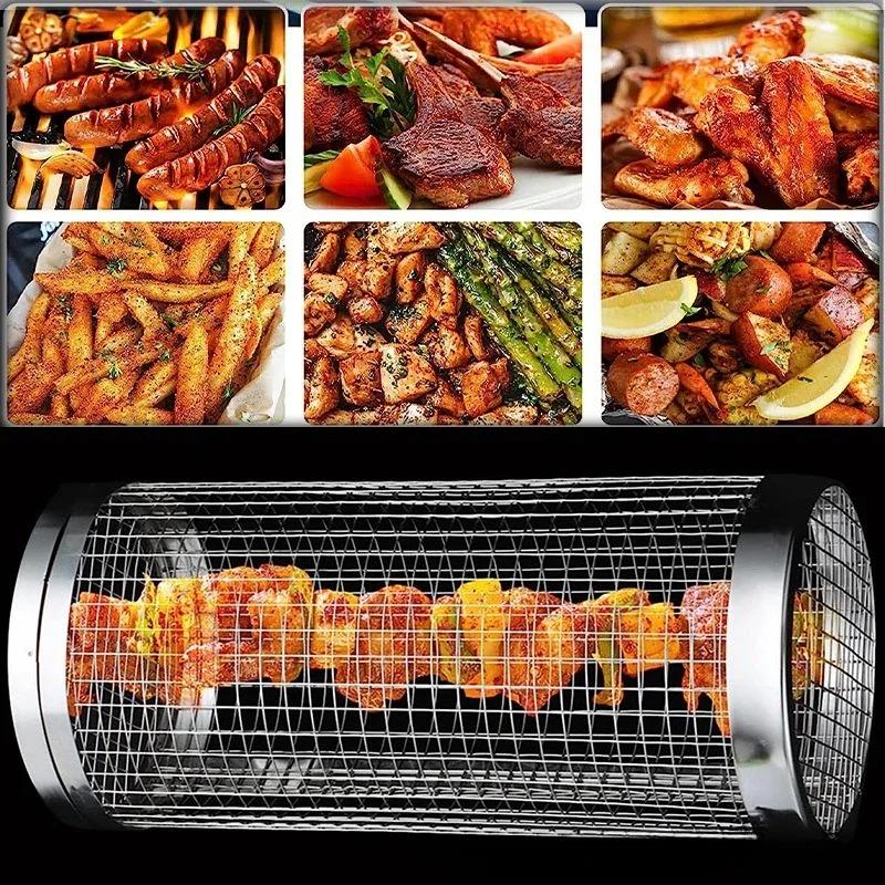 BBQ Grillkorb Edelstahl Rollgrillkorb Drahtgeflecht Zylinder Zylindrisch Tragbar Rund Outdoor Camping Grillgestell