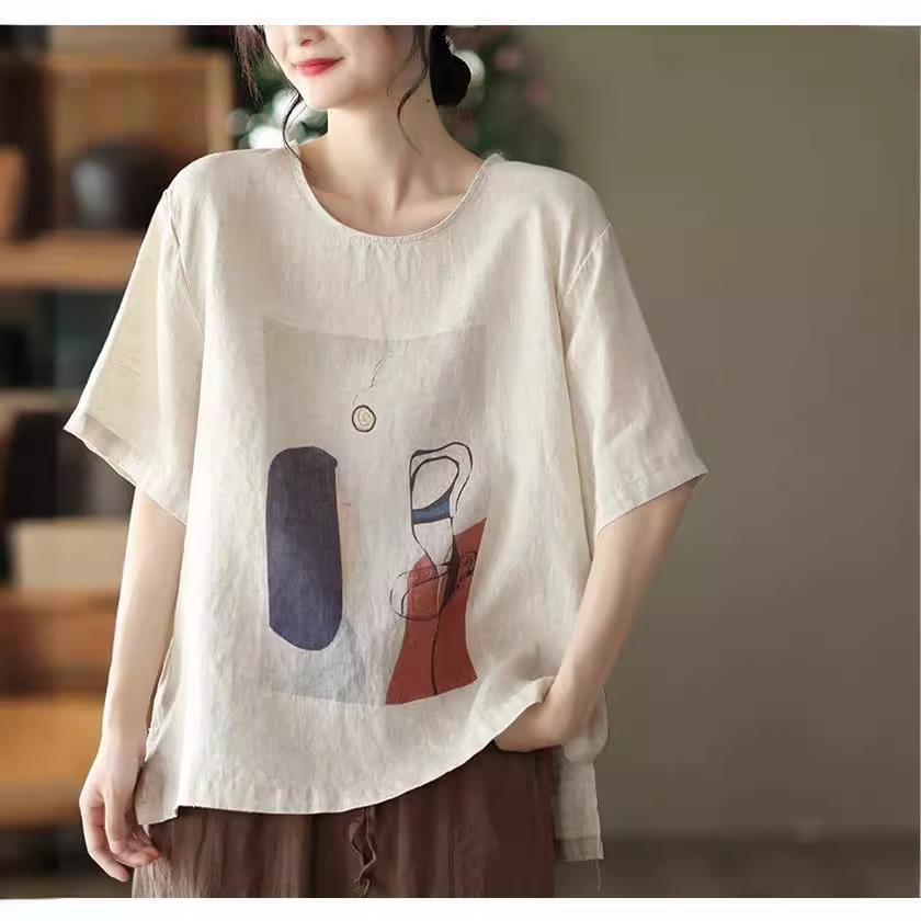 Neues Sommer Retro Literarisches Bedrucktes Baumwoll- und Leinenoberteil für Damen Lockerer Rundhals Kurzarm T-Shirt Vielseitiges Pullover-T-Shirt