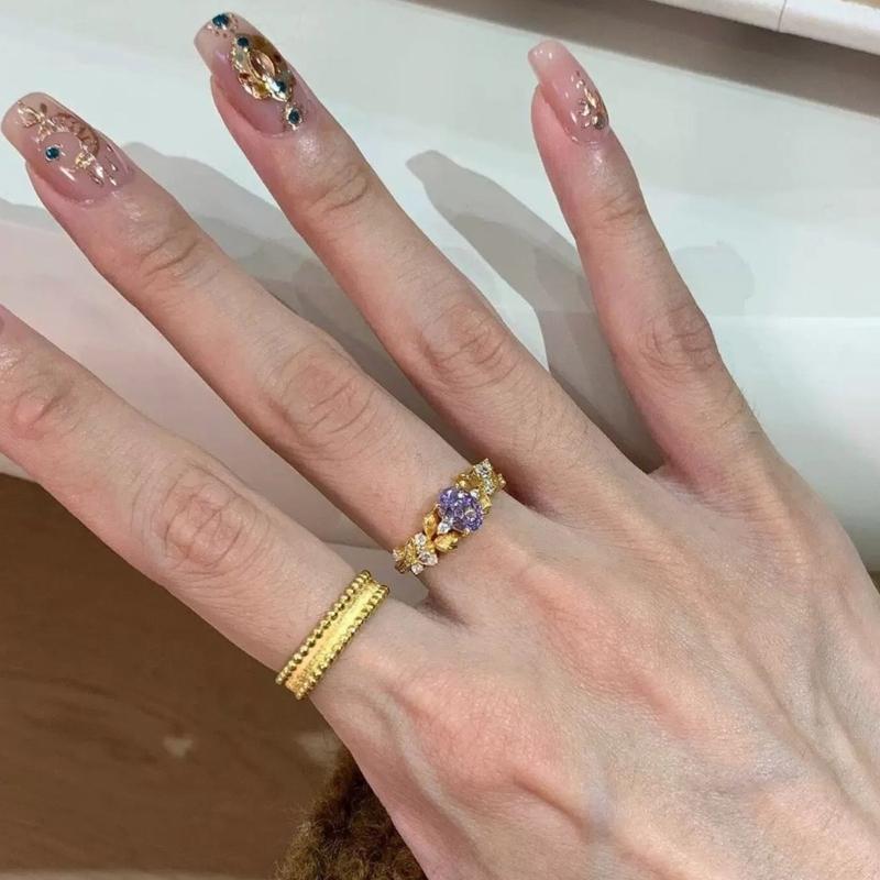 Cute Romantic Purple Zircon Flower Adjustable Rings for Women New Charm Gold Color Stainless Steel Finger Jewelry Gift