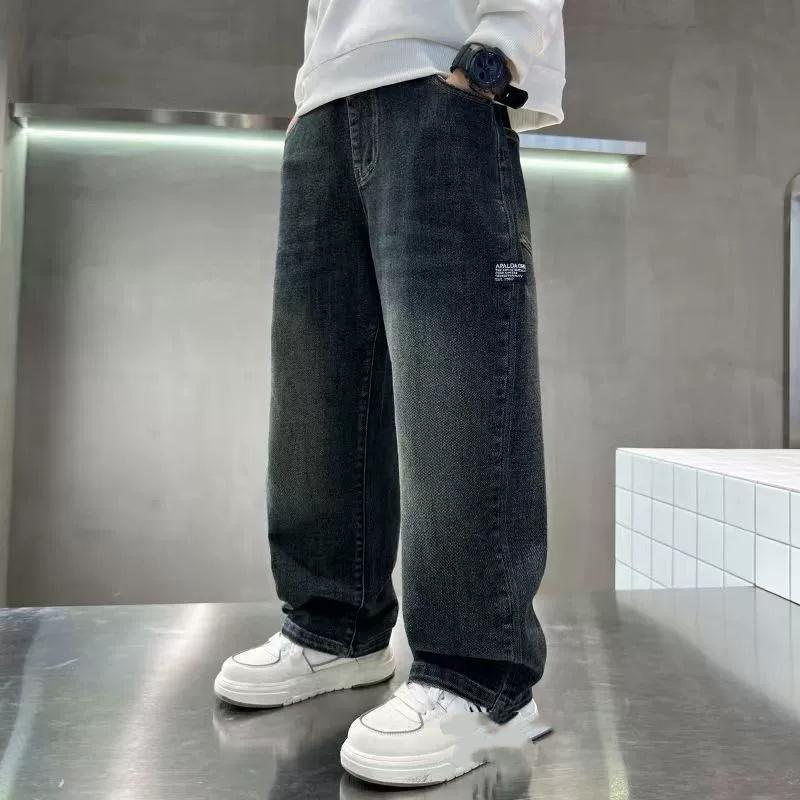 Jaro Podzim Zima 4-14 Let Chlapci Plyšové Teplé Džíny Módní Písmeno Volné Rovné Džínové Kalhoty Dětské Ležérní Streetwear Kalhoty