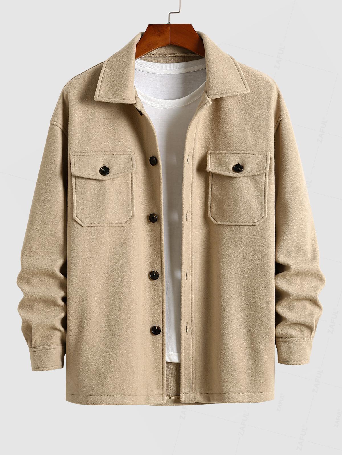 

Men s Solid Color Flap Pocket Design Single Breasted Woolen Blend Coat XXL колір світло кави