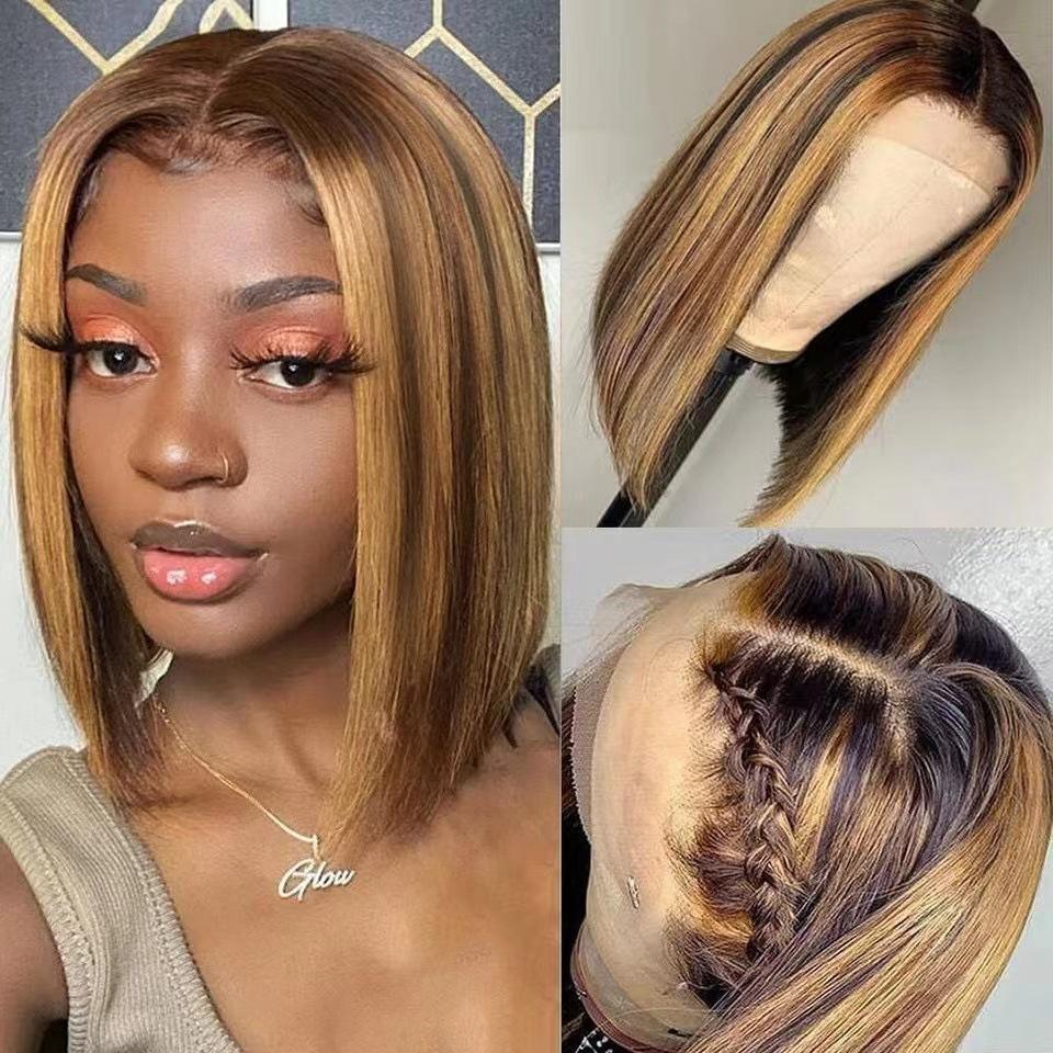 European and American wig female black short medium bobo Bobo head high temperature silk chemical fiber hair button mesh head