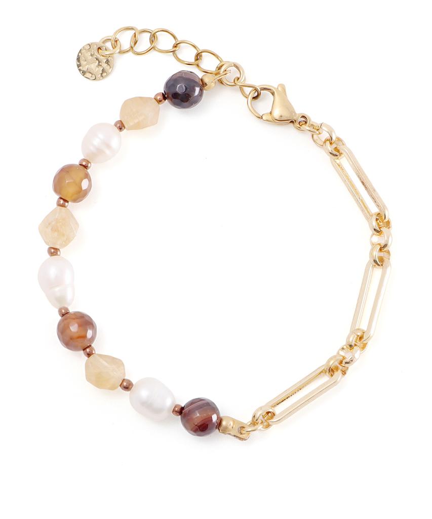 Polalita Gold Chain & Brown Stone Mix Pearl Bracelet (Plt-Br-112_Gd)