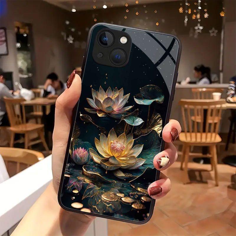 

Lotus Pattern Anti-Fall Tempered Glass Phone Case For iPhone 11 12 13 14 15 16 17 Pro Max 17Air 16E 7 8 Plus XR XS X Cover iPhone 7