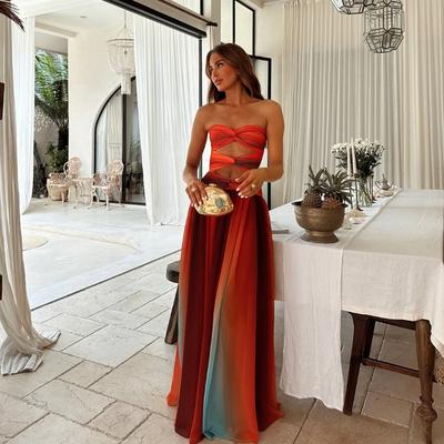 Tie-dye Gradient Hollow Out Women's Maxi Dress Elegant Off Shoulder A-line Hem Long Dresses New Summer Holiday Female Robes