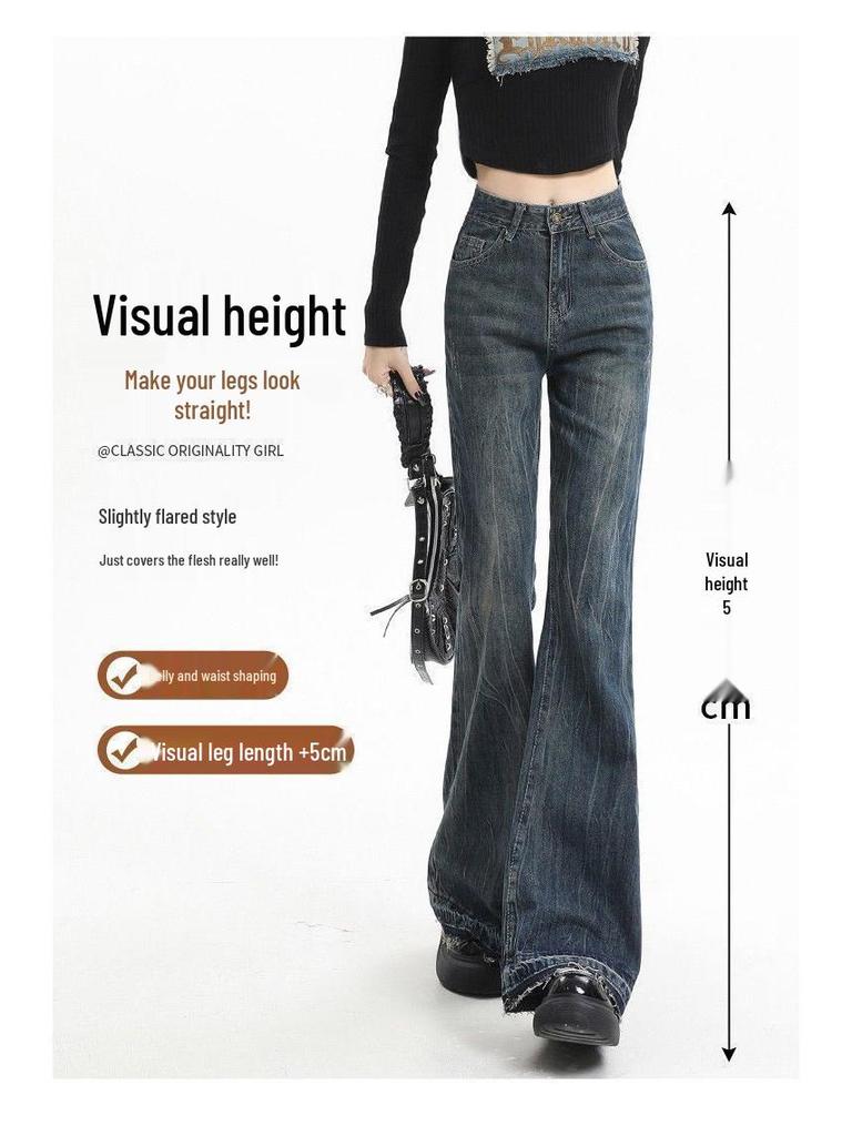 Vintage High-Waisted Non-Clingy Micro-Flare Jeans for Women with Slimming Loose Fit, Fleece-Lined, Raw Edge, Floor-Length, Autumn/Winter Style