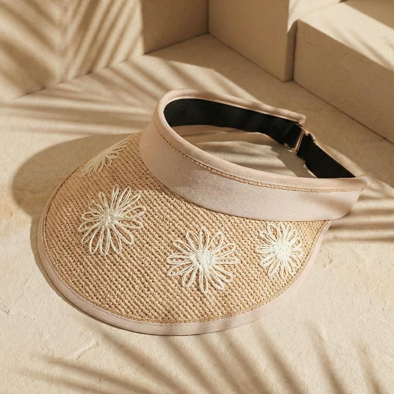 

USPOP Women Raffia Visor Hat Wide Brim Crochet Flower Sun Hat Adjustable Summer Beach Hat 54-60cm
