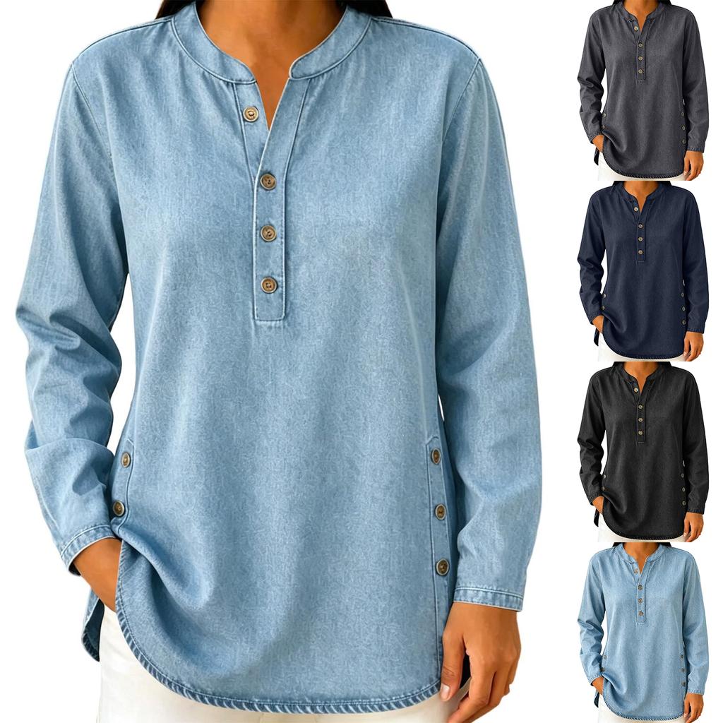 Women's Casual Long Sleeve Denim Shirt with Side Button Closure, Loose Fit Top
