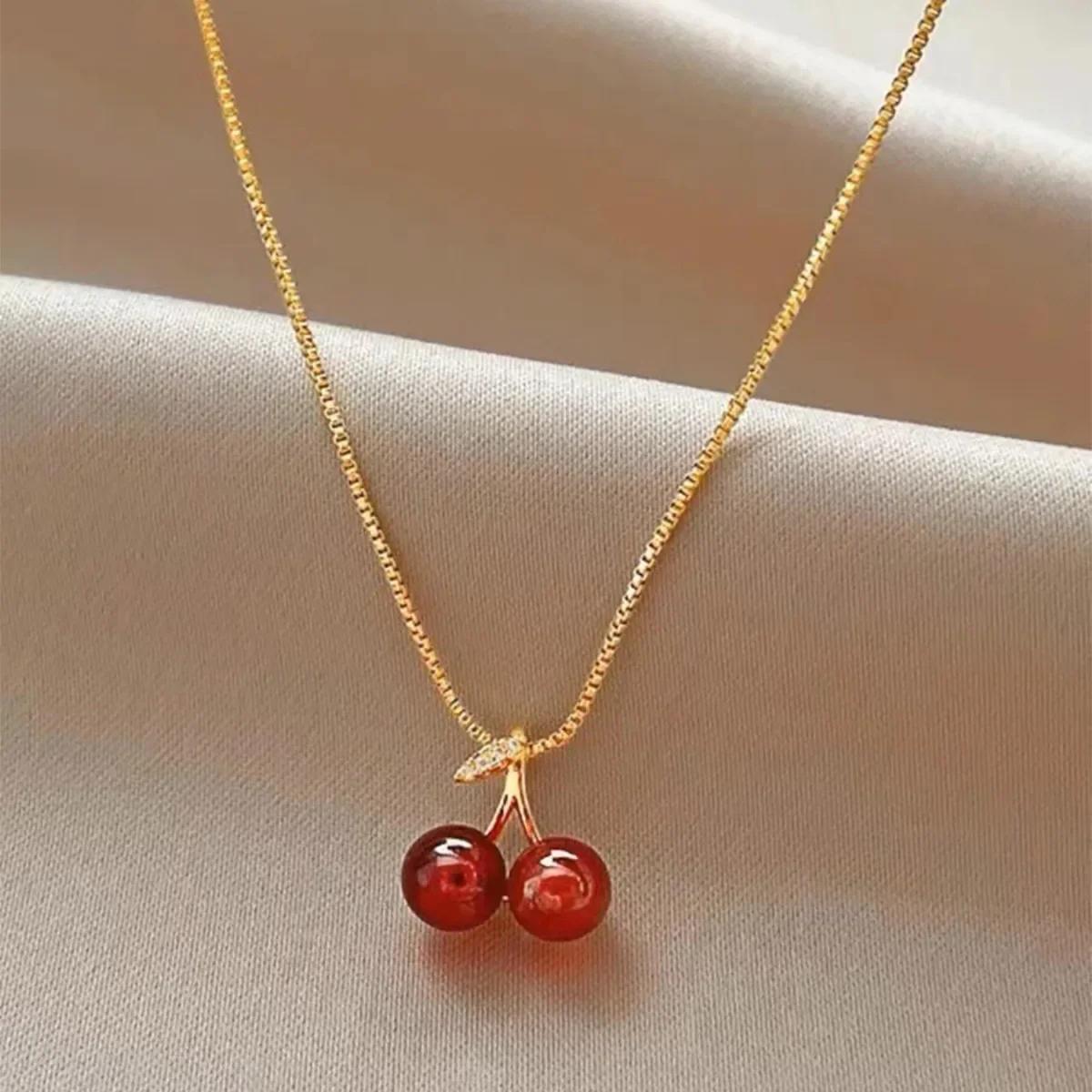 

Collares Para Mujer Cherry Pendant Necklaces For Women Fashion Personality Fruit Chain Necklace Party Zircon Birthday Gifts