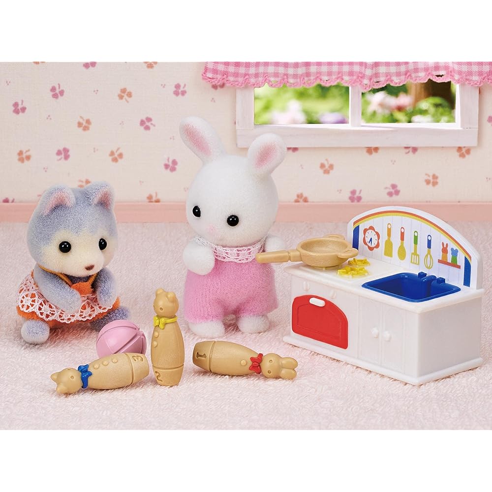 Sylvanian Families EPOCH Doll and Furniture Set White Rabbit and Panda Babies 3 Years and Up Toy Dollhouse