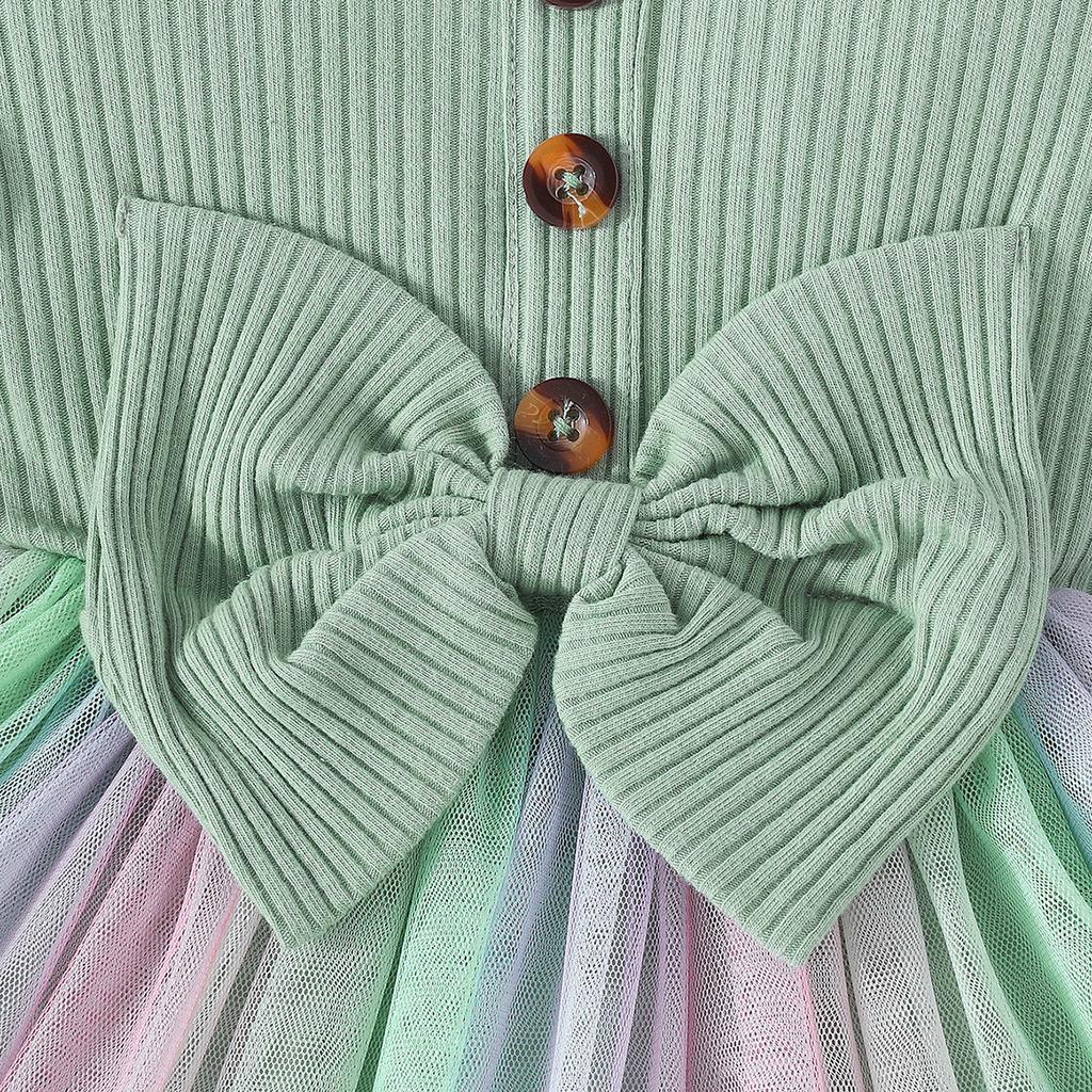 Spring and Autumn New Ribbed Long Sleeve Dress Fashionable Sweet Bow Mesh Princess Dress