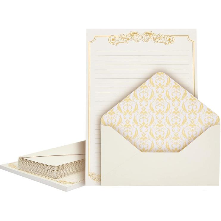 Paper Junkie Letter Paper & Envelopes Set - 60 Sheets (7.2 x 10.2 In) & 30 Ivory Envelopes (4 x 7.7 in), Gold Border, 100 GSM - Vintage Lined