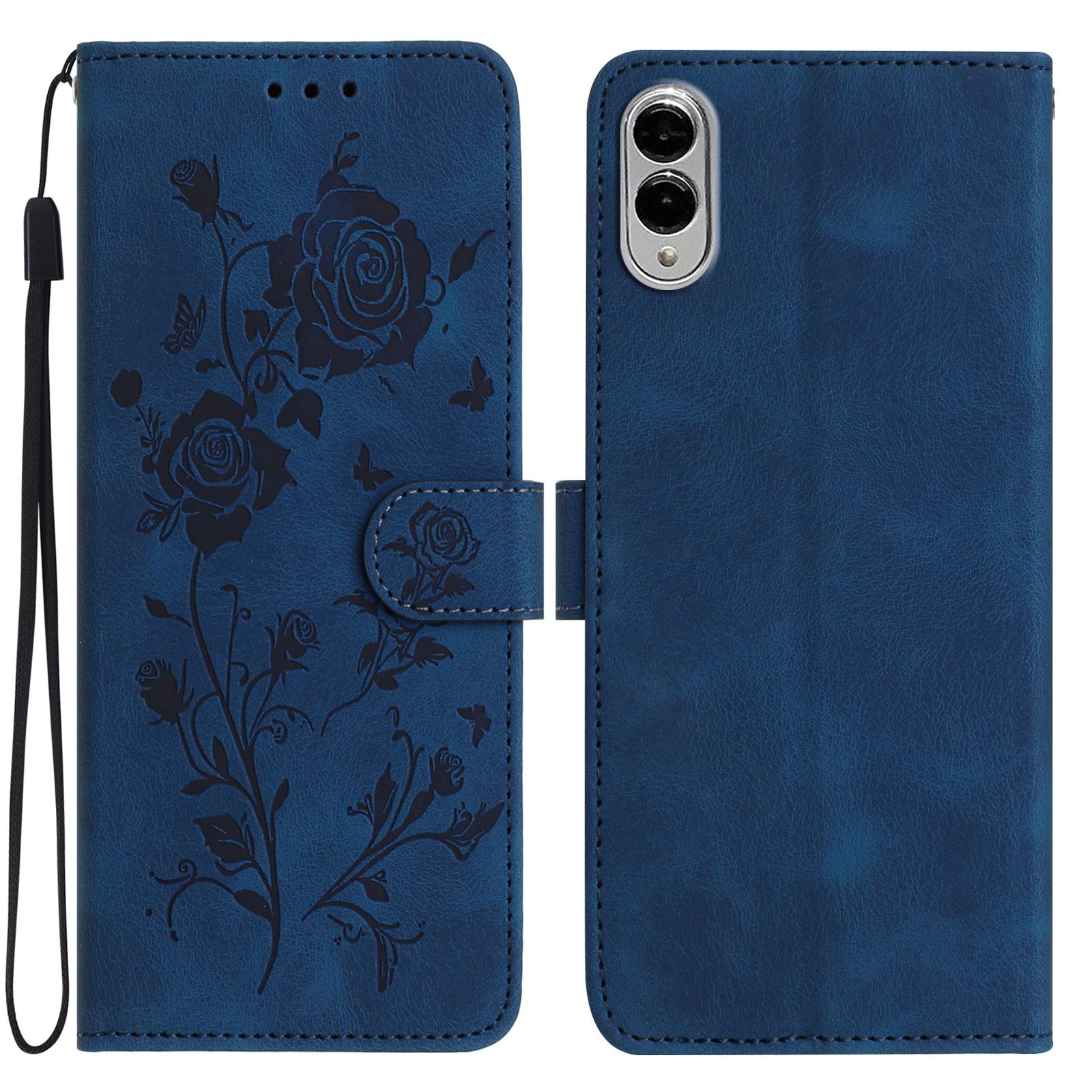 

For Samsung Galaxy S25 Edge Wallet Case Rose Pattern Imprinted Leather Flip Stand Phone Cover Dark Blue