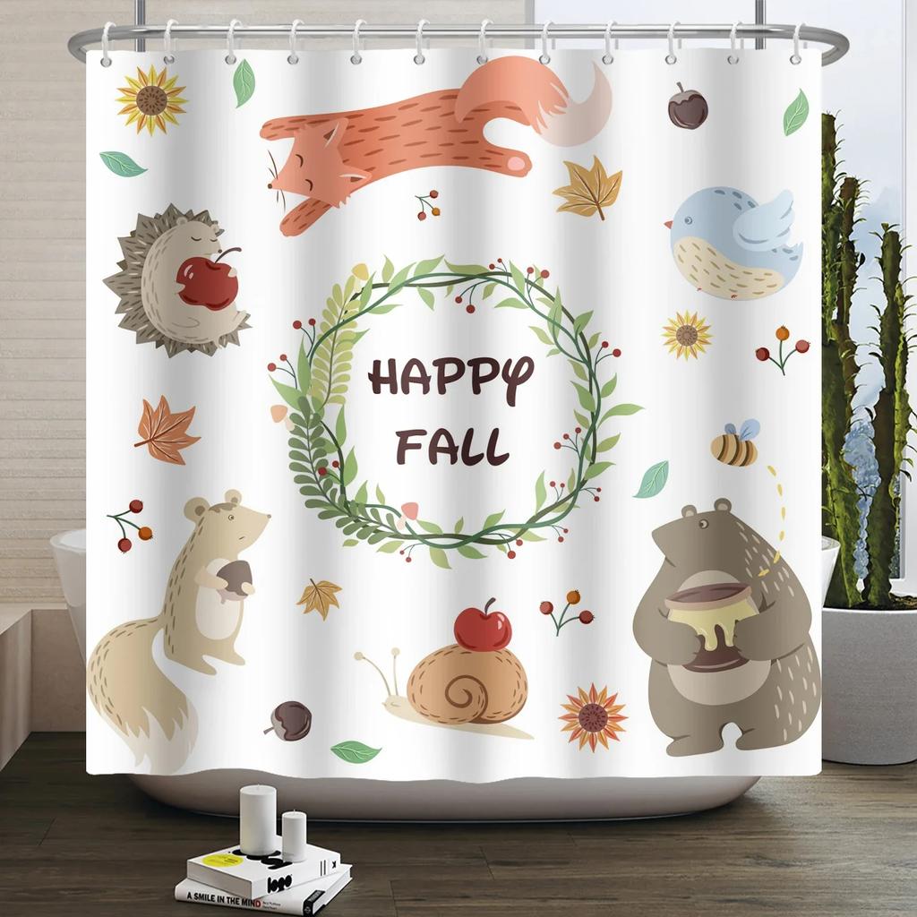 Forest Animals Shower Curtain jungle Trees Plant Wildlife Bird Bear Elk Fox Deer Modern Minimalist Kids Bathroom Shower Curtain