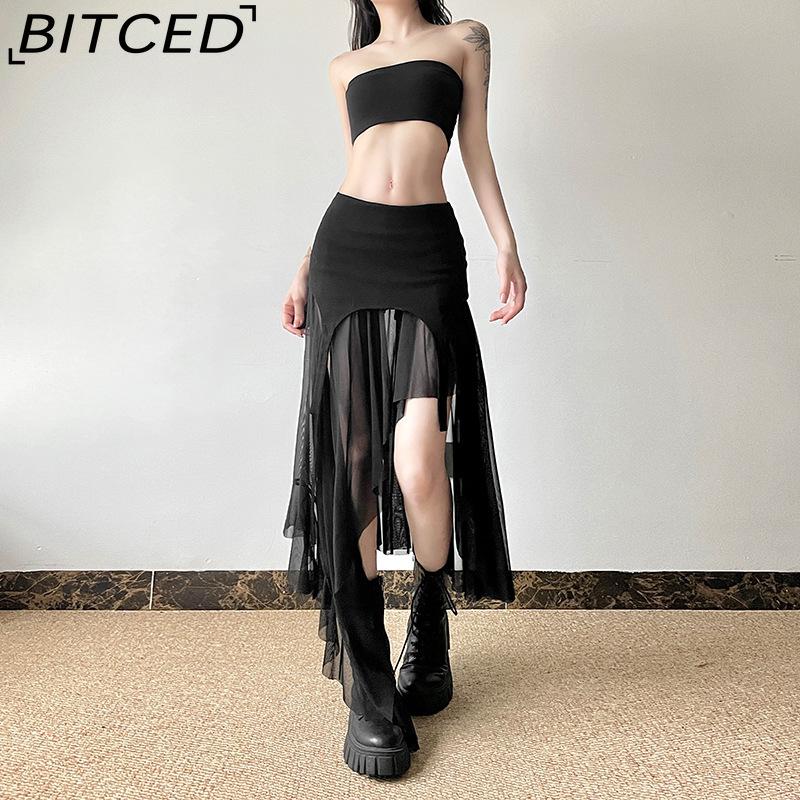 BITCED Summer Women's Solid-Color Slim-Fit Streetwear High-Waisted Asymmetric Skirt