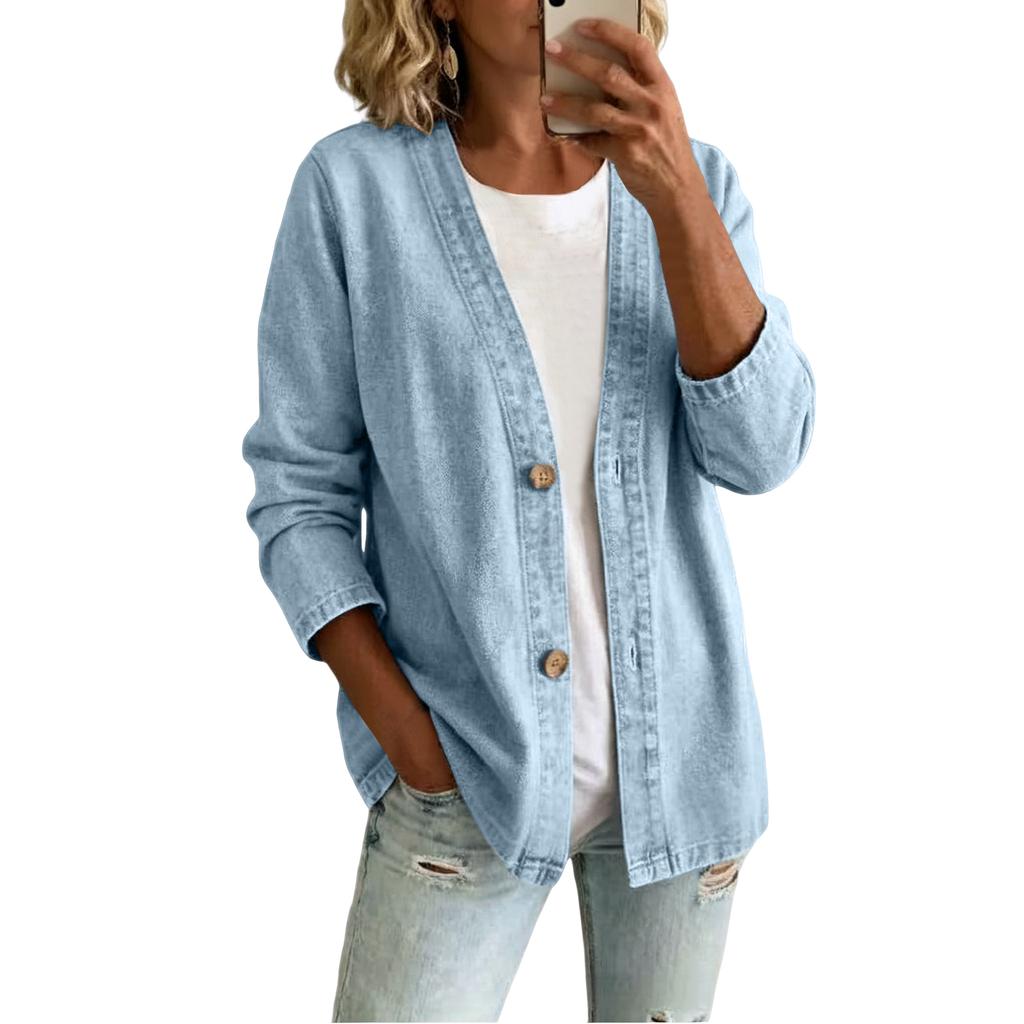 Women's Casual Open Front Cardigan Denim Look Jacket Long Sleeve Button Down Lightweight Outerwear for Everyday Wear