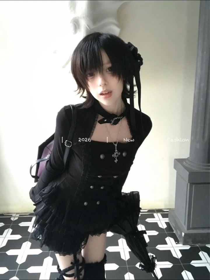 Gothic Set for Top and Skirt Double Button Top Mini Subculture Y2K Open Idol Long Winter XL [MODKOKU] 2-Piece Women Set, & Skirt, Style, Tiered,