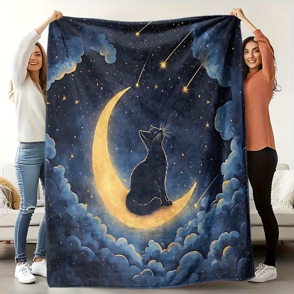 Cat, Moon, Stars Pattern Flannel Printed Blanket Suitable For All Seasons Suitable For Living Room Office Sofa And Travel