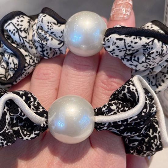 2Pcs Hair Tie High Elasticity Non-Slip Soft Chiffon Fabric Hair Rope with Imitation Pearl Design Floral Print Bun Half-Tied Hair Accessories