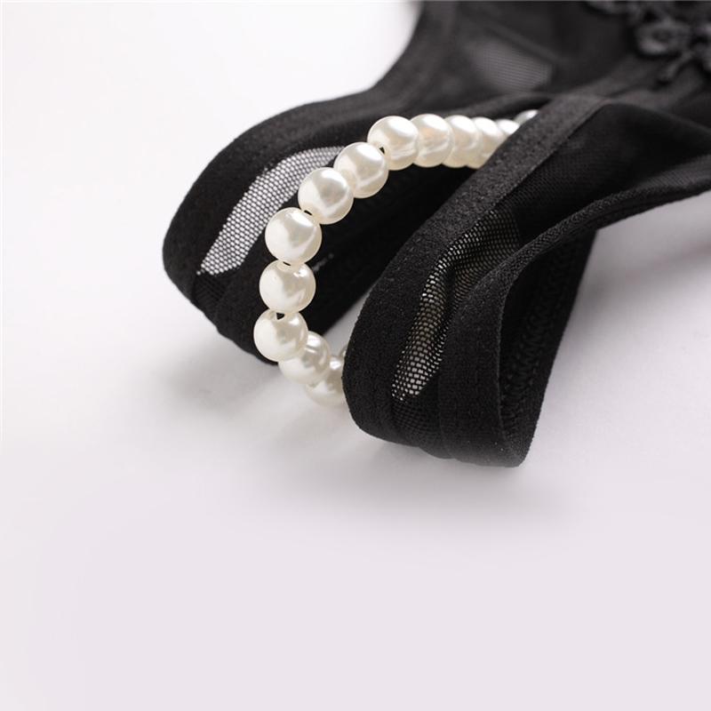 Sexy Lace Women Underwear Pearl Massage Hollow Out Low Waist Triangle Panties Transparent Mesh Underpants