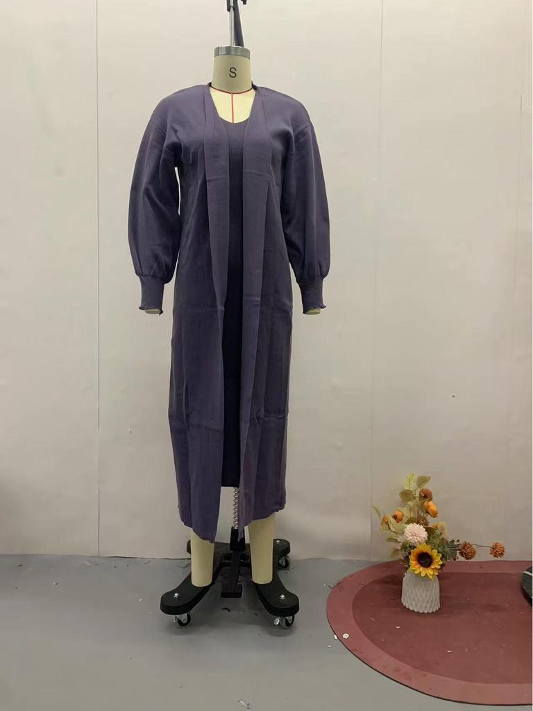 2023 Herbst Europäischer & Amerikanischer Einfarbiger Slim Strickpullover Überknie Langes Kleid Set für Damen