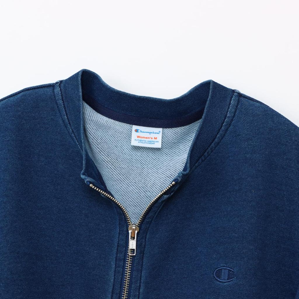 Champion Basic Washed Long Crew Fleece Single Embroidery Women's Zip-Up Sweatshirt, CW-B001, Blue, Sleeve, Neck, Lining,