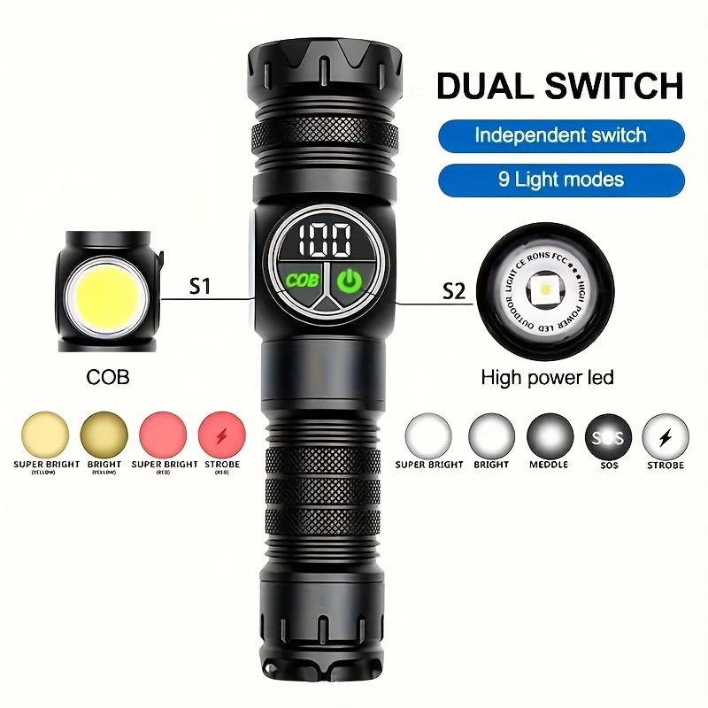 6800mAh LED multifunctional rechargeable flashlight with adjustable focus nine speed COB with red light for outdoor camping, hunting equipment