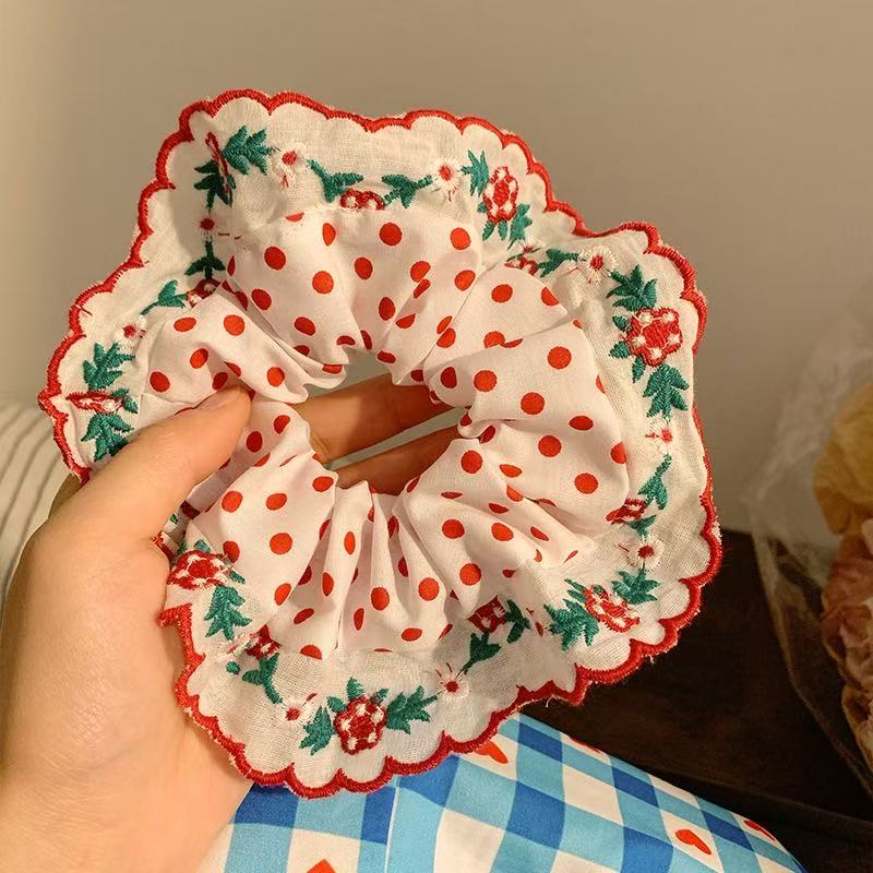 1pc Sweet Cute Polka Dot Plaid Lace Large Intestine Hair Ring, Tie Ball Head and High Ponytail Head Rope Hair Ornament Headpiece