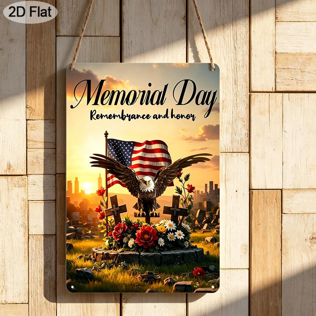 2D Flat 1pc Memorial Day Remembrance and Honor Metal Sign 7.87x11.81inch - Aluminum Patriotic American Flag Eagle Decor for Home, Yard, Veterans