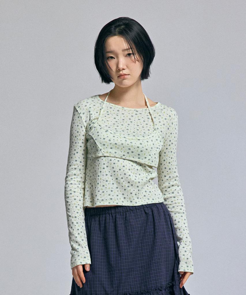 AWESOME STUDIO Flower Pattern Layered Top Light Beige