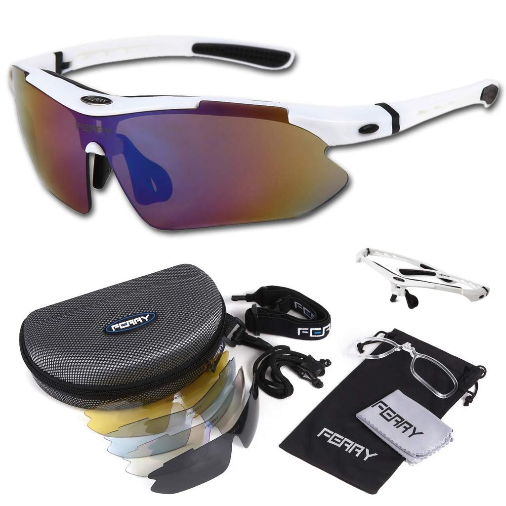 FERRY Polarized Lens Sports Sunglasses Full Set with 5 Replacement White (FERRY) Lenses, Unisex,