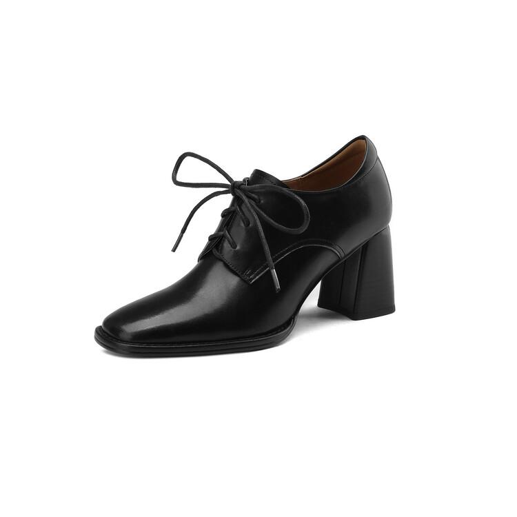 

Fashion NEW Spring/Autumn Women Loafers Square Toe High heels Split Leather Chunky Heel Pumps Women Plus Size Retro Lace Up Black Shoes 34 чёрный