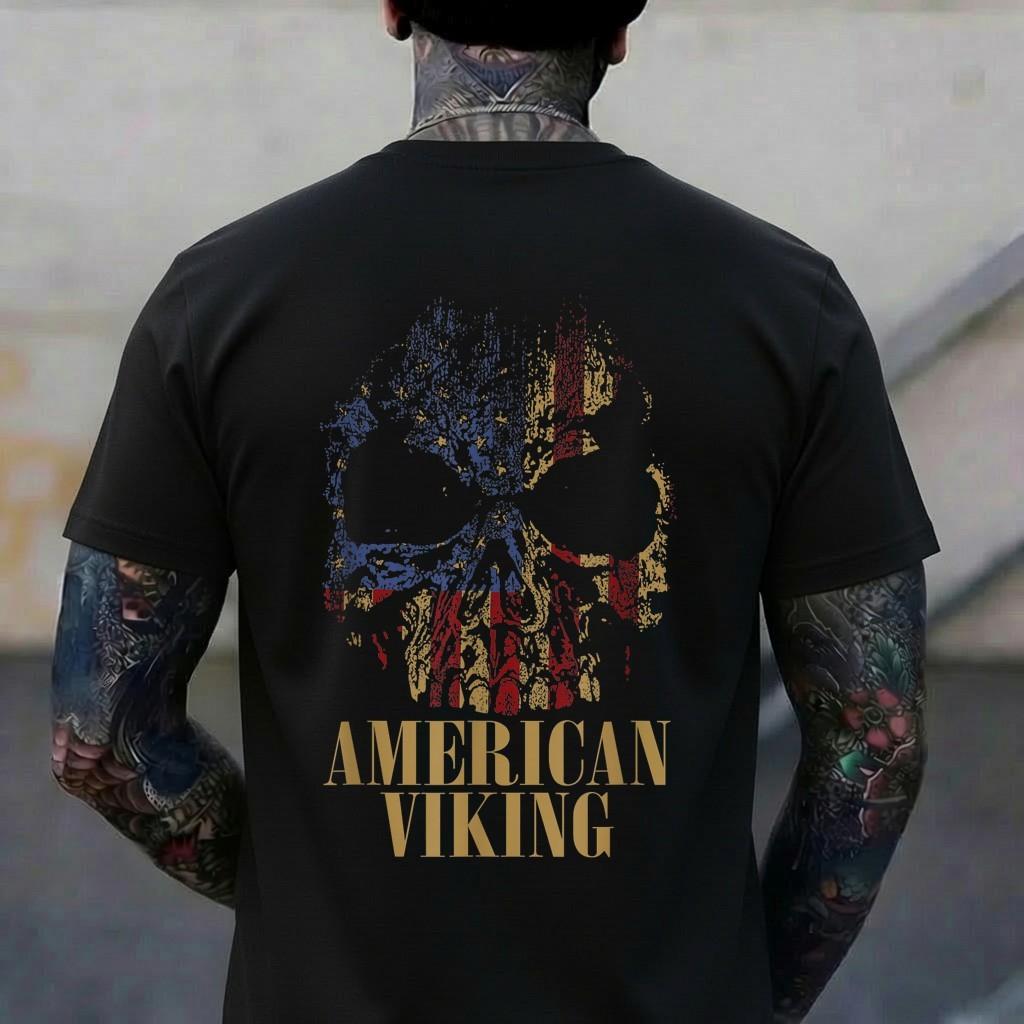 American Viking Skull US Flag Nordic Thor Norse Warrior Gift T-Shirt M