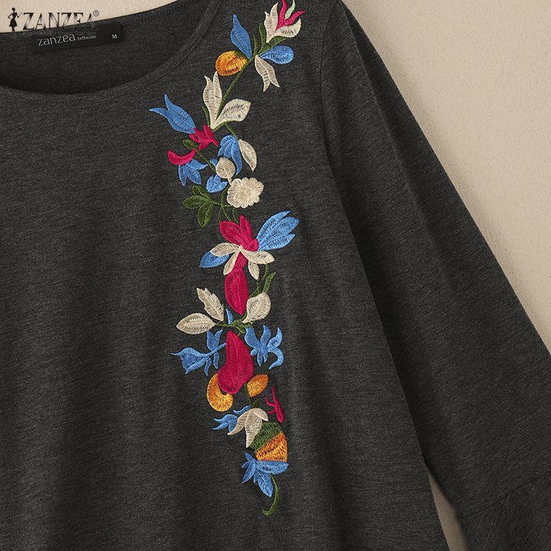 ZANZEA Bluză Casual Brodată cu Mâneci 3/4 Clopot și Gât Rotund pentru Femei