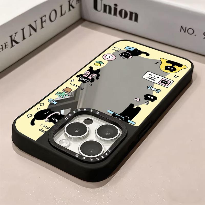 Creative cartoon black cat pattern multifunctional makeup mirror phone case suitable for iPhone 17 16 15 14 13 12 11Pro/Max/Plus