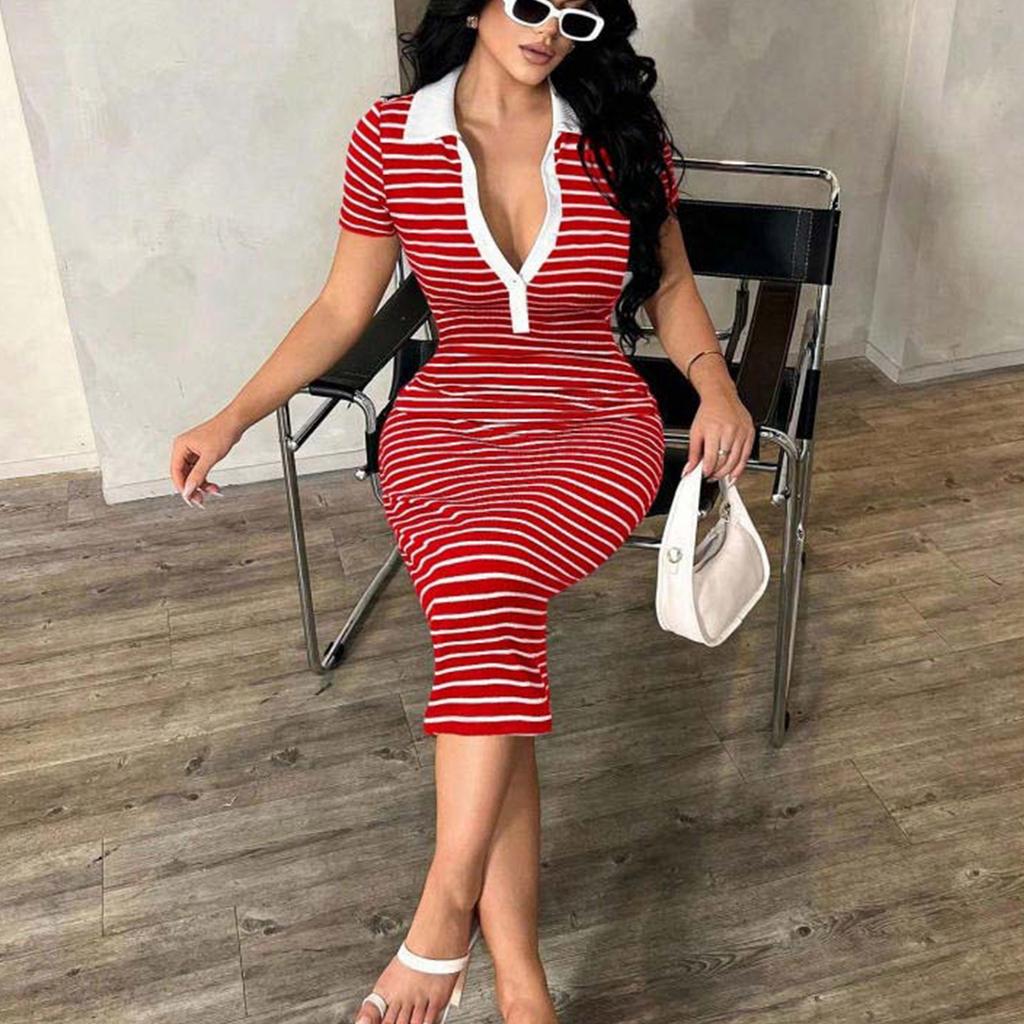 Women's New Polo Collar Striped Slim Fit Bodycon Midi Dress Short Sleeve Casual Stretch Fabric