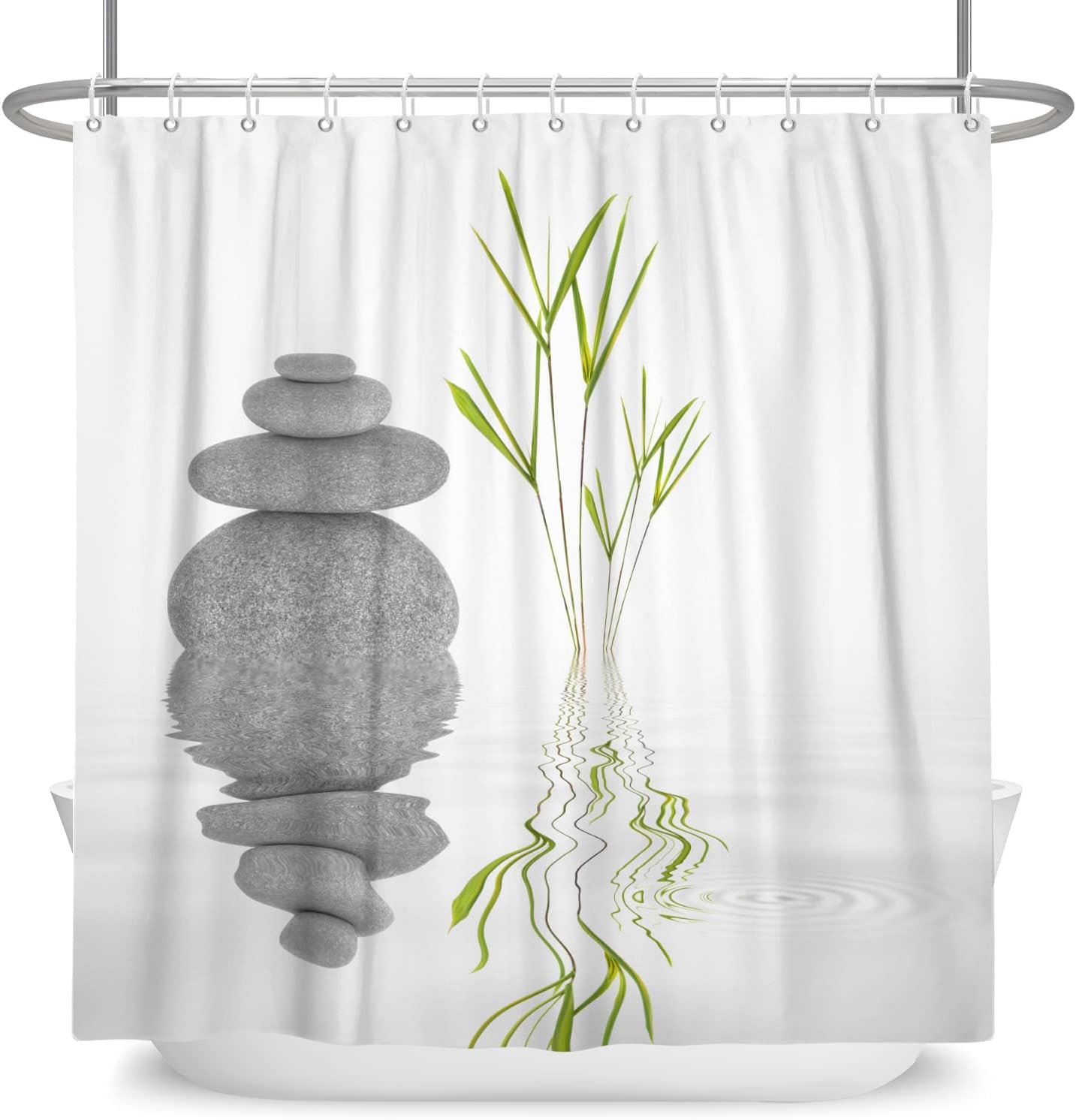 

Японская тема горячих источников Занавеска для душа Зеленый бамбуковый лист Орхидея Ванная комната Дзен-медитация Занавеска для душа для ванны с крючком W90xH180cm
