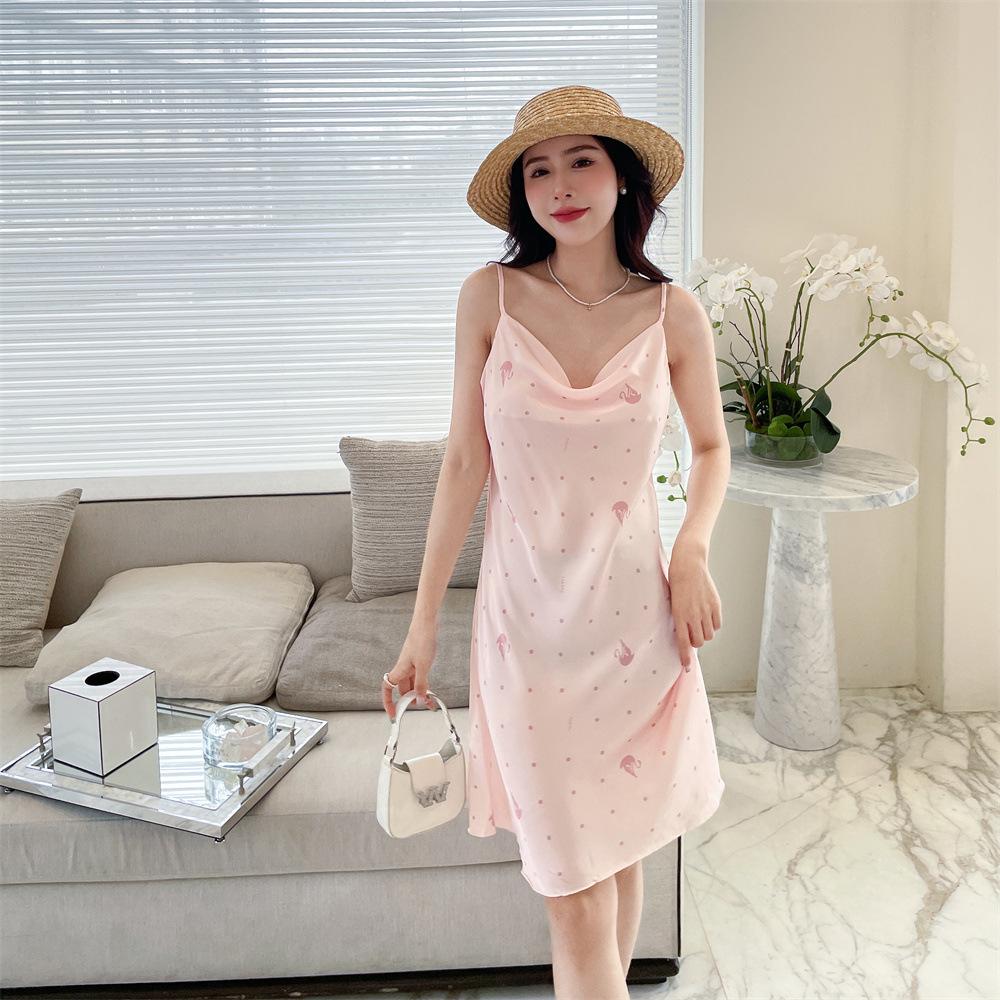 Summer new pajamas women's ice and snow silk thin suspender swing collar pure desire pajamas printed medium and long skirts