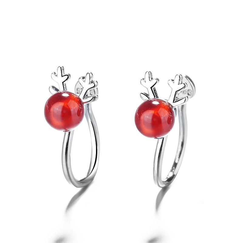 Korean Mori Style Non-Pierced Pearl Reindeer Antler Ear Clips - Christmas Gift Earrings