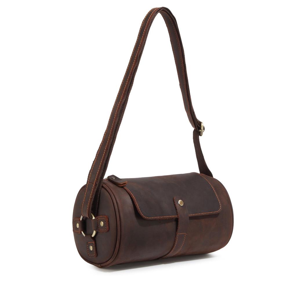 Crazy Horse Leather Men's Baotou Layered Cowhide Postman Cylinder Bag European and American Genuine Leather Retro Shoulder Bag Crossbody Pillow Bag