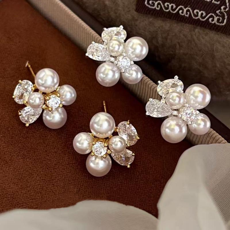 Romantic Zirconia Petal Pearl Stud Earrings: Unique, Beautiful, Light Luxury Flower Design for New Year.