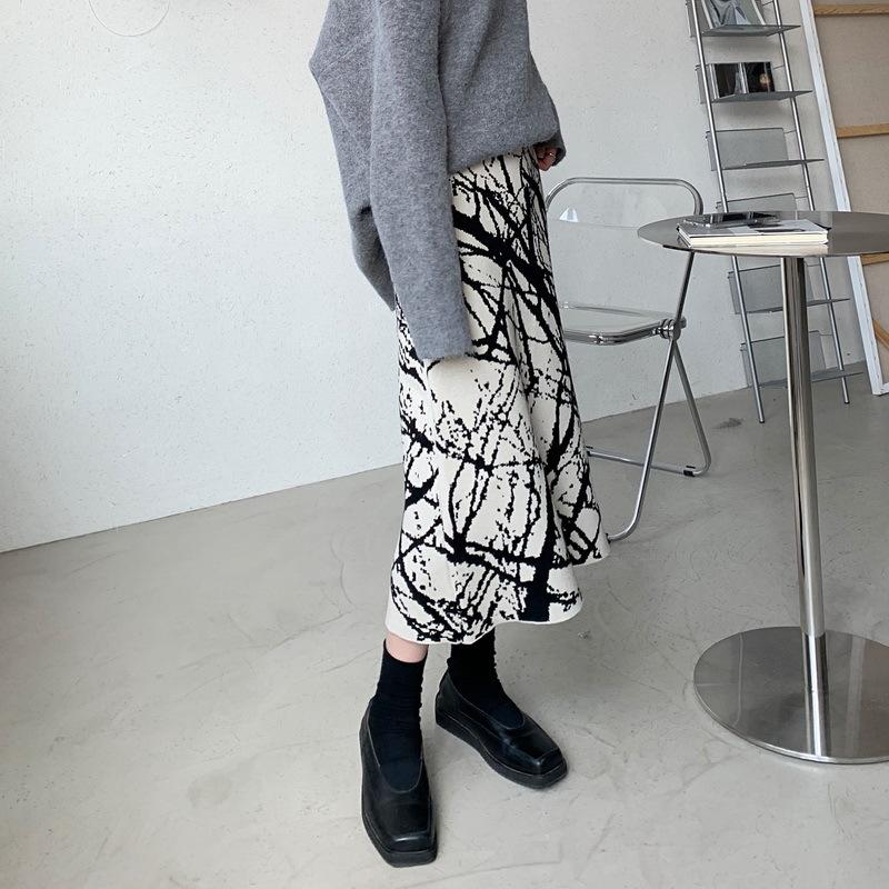 

Винтажная вязаная юбка-полусолнце с принтом на осень/зиму для женщин, с высокой талией и длинная, средней длины S