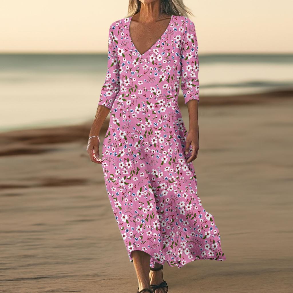 Dresses For Womens Vintage Print Tunic Waisted Midi Dress Summer Casual  3/4 Sleeve Dress